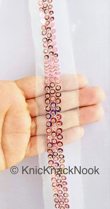White Net Lace With Pink and Gold Sequins Lace Trim, Approx. 34mm Wide, Sequin Lace